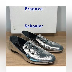 Proenza Schouler 37.5 silver lamb multirings acerra loafers box